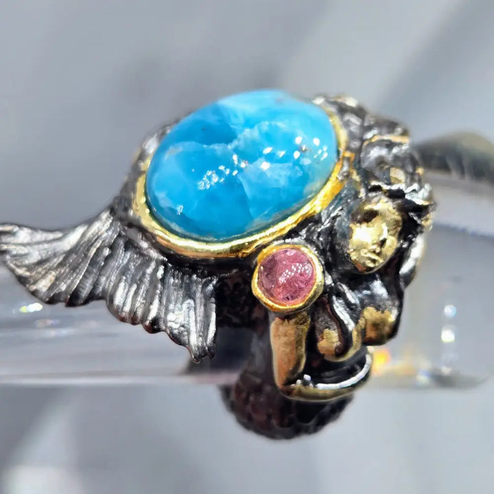 ?SPlash’ Sz 9 Ring - Larimar Tourmaline Black Sterling 18k Gold Accents