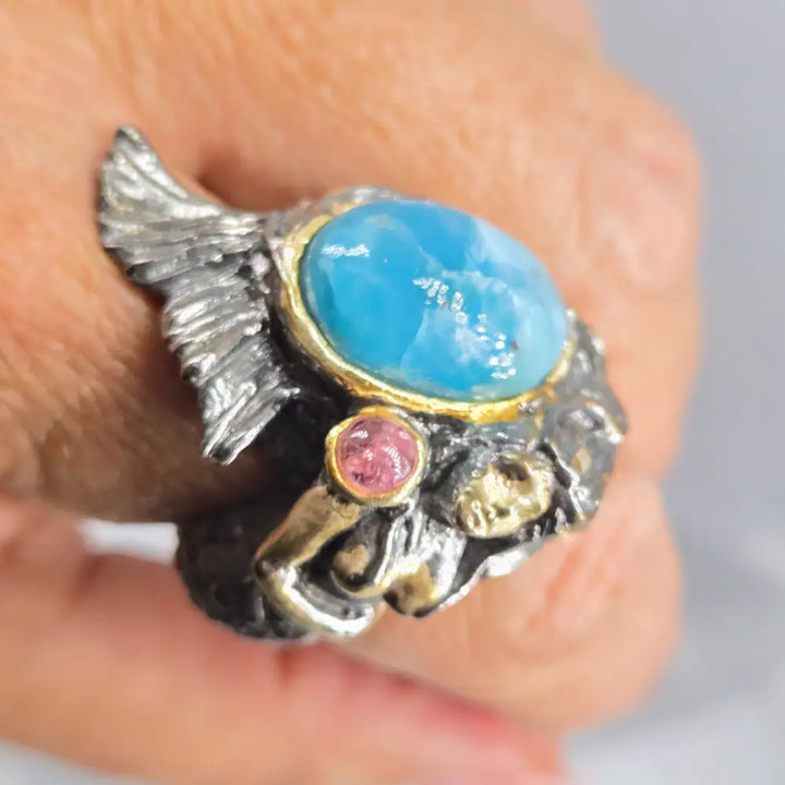 ?SPlash’ Sz 9 Ring - Larimar Tourmaline Black Sterling 18k Gold Accents