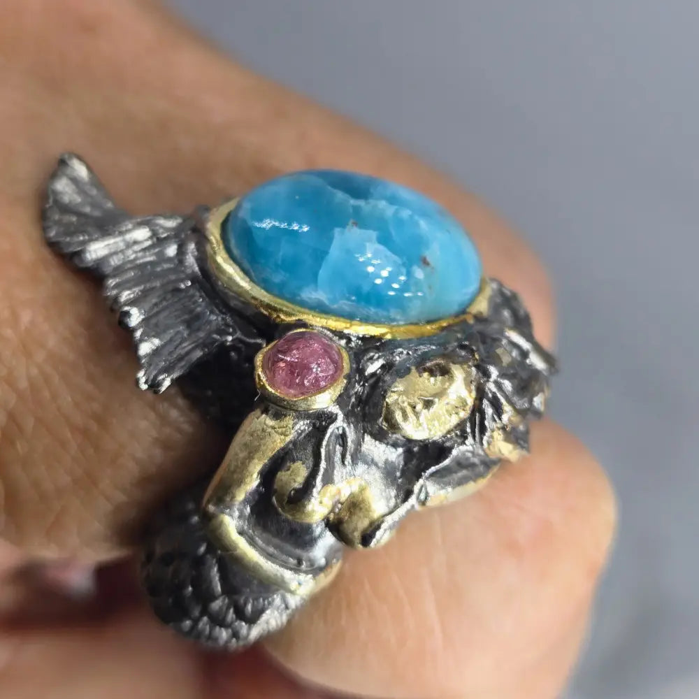 ?SPlash’ Sz 9 Ring - Larimar Tourmaline Black Sterling 18k Gold Accents