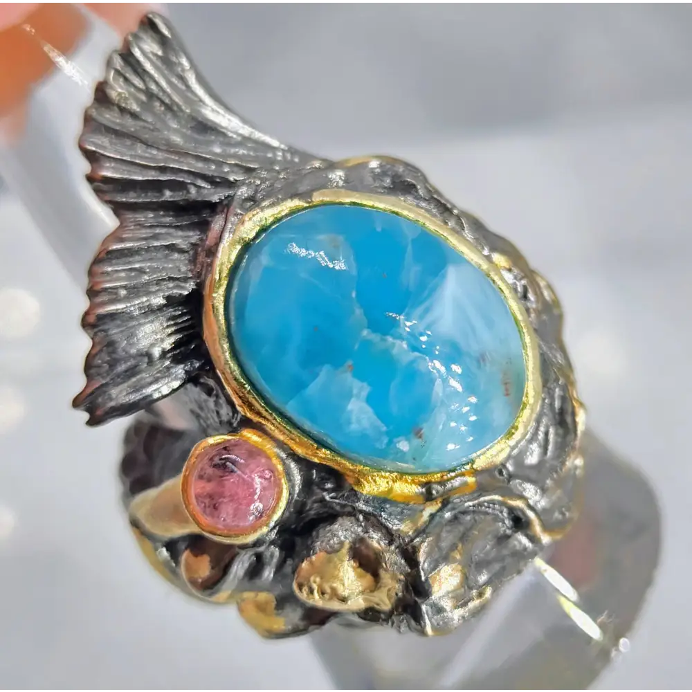 ?SPlash’ Sz 9 Ring - Larimar Tourmaline Black Sterling 18k Gold Accents