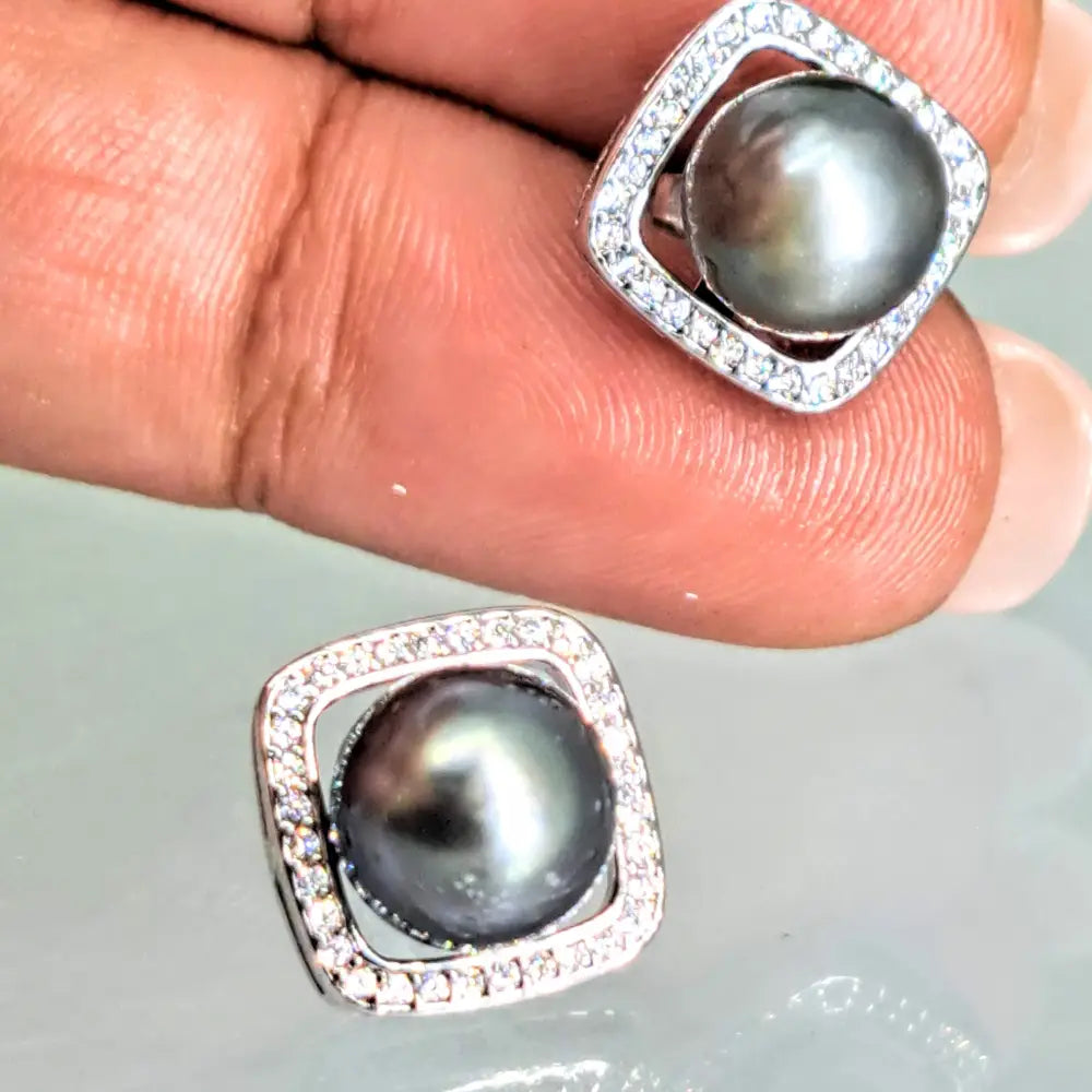Square Pegs.5’’ Earrings - Tahitian Pearl Topaz Anti-tarnish Sterling - 0.5’’