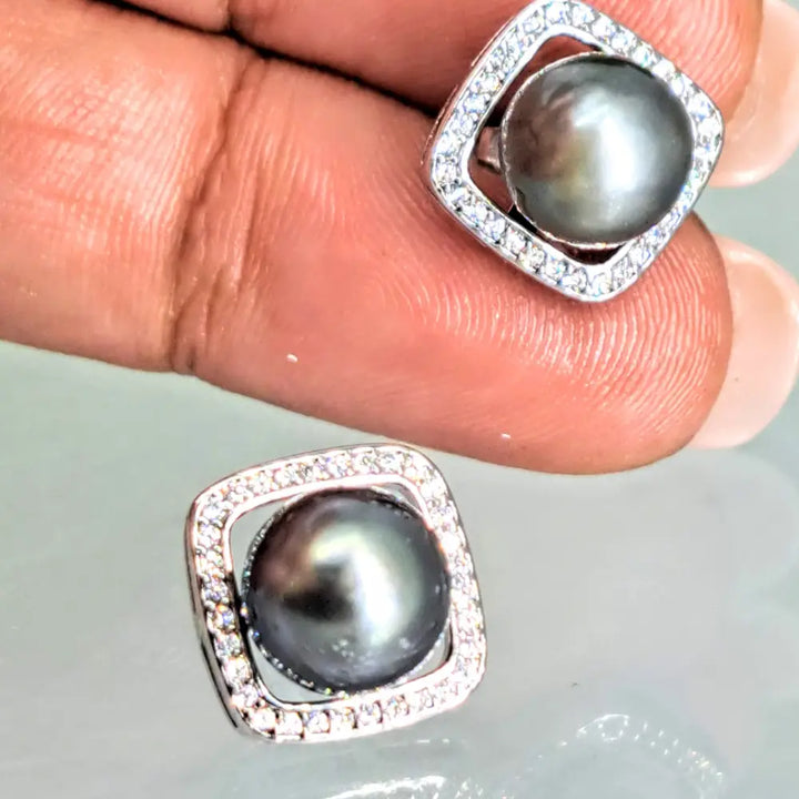 Square Pegs.5’’ Earrings - Tahitian Pearl Topaz Anti-tarnish Sterling - 0.5’’