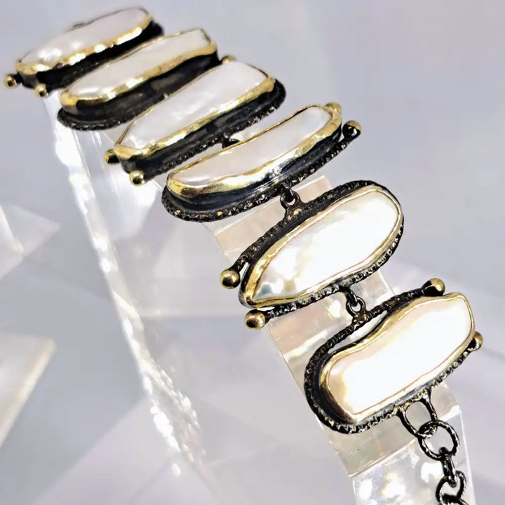 Outlet: ?Stairway to Heaven’ 7-8’’ Bracelet - Stick Pearls Black Sterling 18k - 8’’
