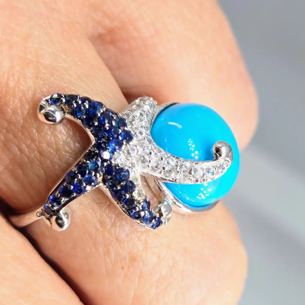 ?STar of the Sea’ Sz 7 Ring - Sapphire Zircon Turquoise Anti-tarnish Sterling
