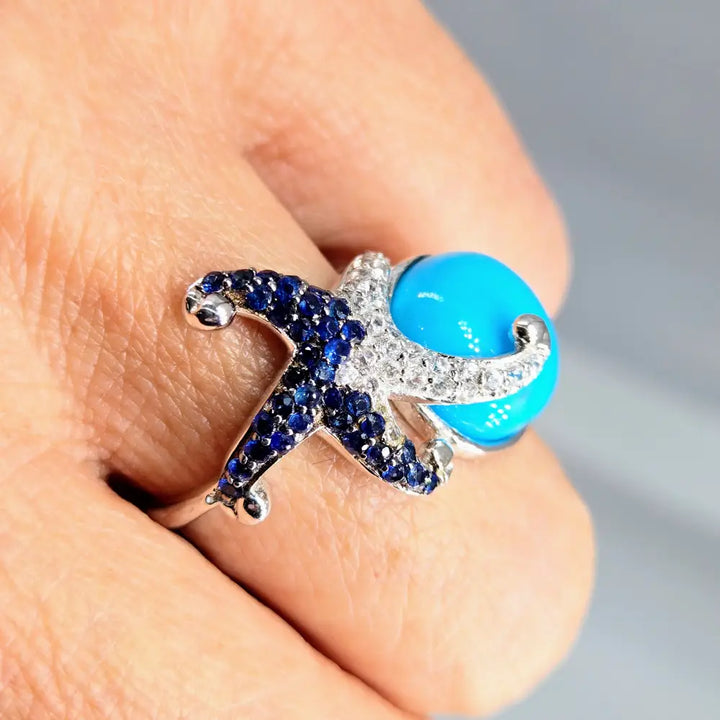 ?STar of the Sea’ Sz 7 Ring - Sapphire Zircon Turquoise Anti-tarnish Sterling