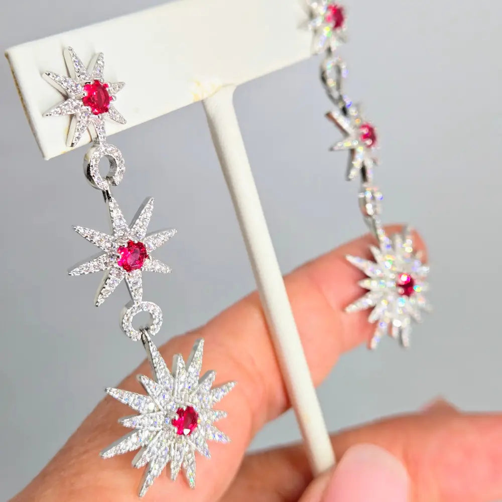 ?STar Power’ 2.5’’ Earrings - Pink Spinel White Zircon Anti-tarnish Sterling