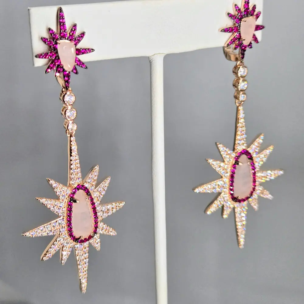 ?STarfire Pinks!’ 3’’ Earrings - Pink Sapphire White Zircon Rose Quartz Anti-tarnish Gold Sterling