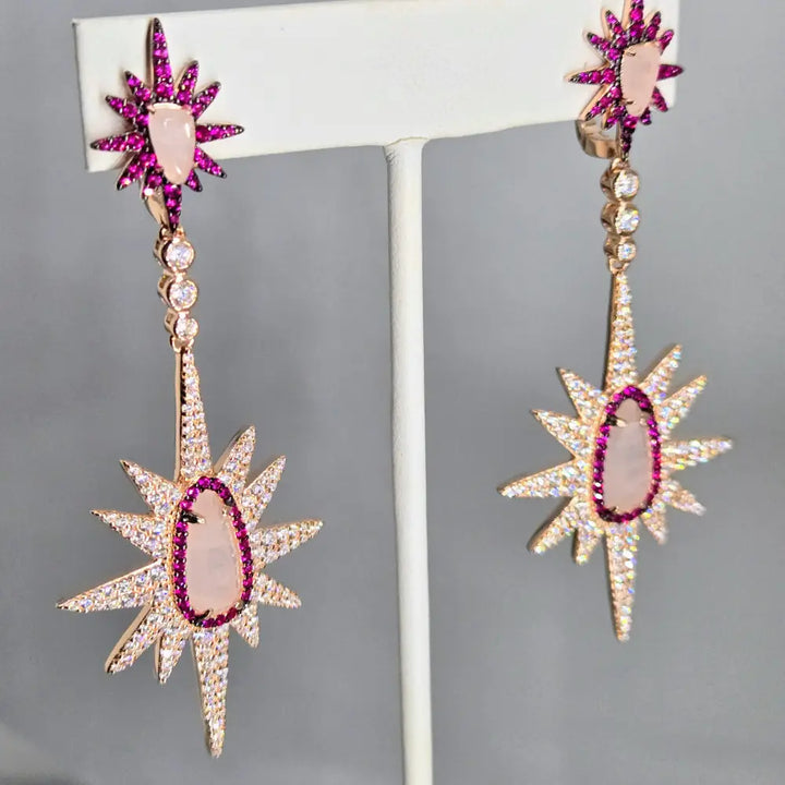 ?STarfire Pinks!’ 3’’ Earrings - Pink Sapphire White Zircon Rose Quartz Anti-tarnish Gold Sterling
