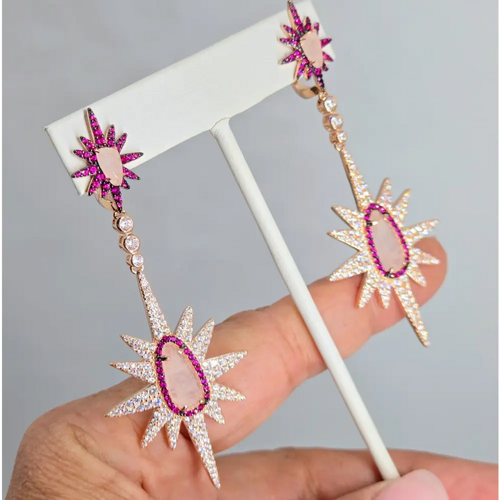 ?STarfire Pinks!’ 3’’ Earrings - Pink Sapphire White Zircon Rose Quartz Anti-tarnish Gold Sterling