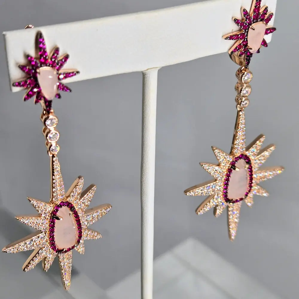 ?STarfire Pinks!’ 3’’ Earrings - Pink Sapphire White Zircon Rose Quartz Anti-tarnish Gold Sterling
