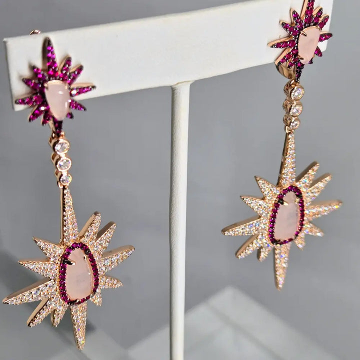 ?STarfire Pinks!’ 3’’ Earrings - Pink Sapphire White Zircon Rose Quartz Anti-tarnish Gold Sterling