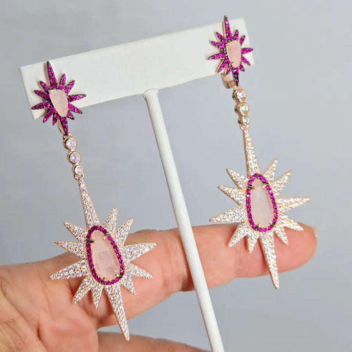 ?STarfire Pinks!’ 3’’ Earrings - Pink Sapphire White Zircon Rose Quartz Anti-tarnish Gold Sterling