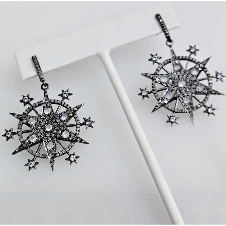 ?STarry Night’ 2’’ Earrings - Diamonds Moonstone Black Sterling