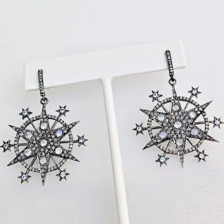 ?STarry Night’ 2’’ Earrings - Diamonds Moonstone Black Sterling