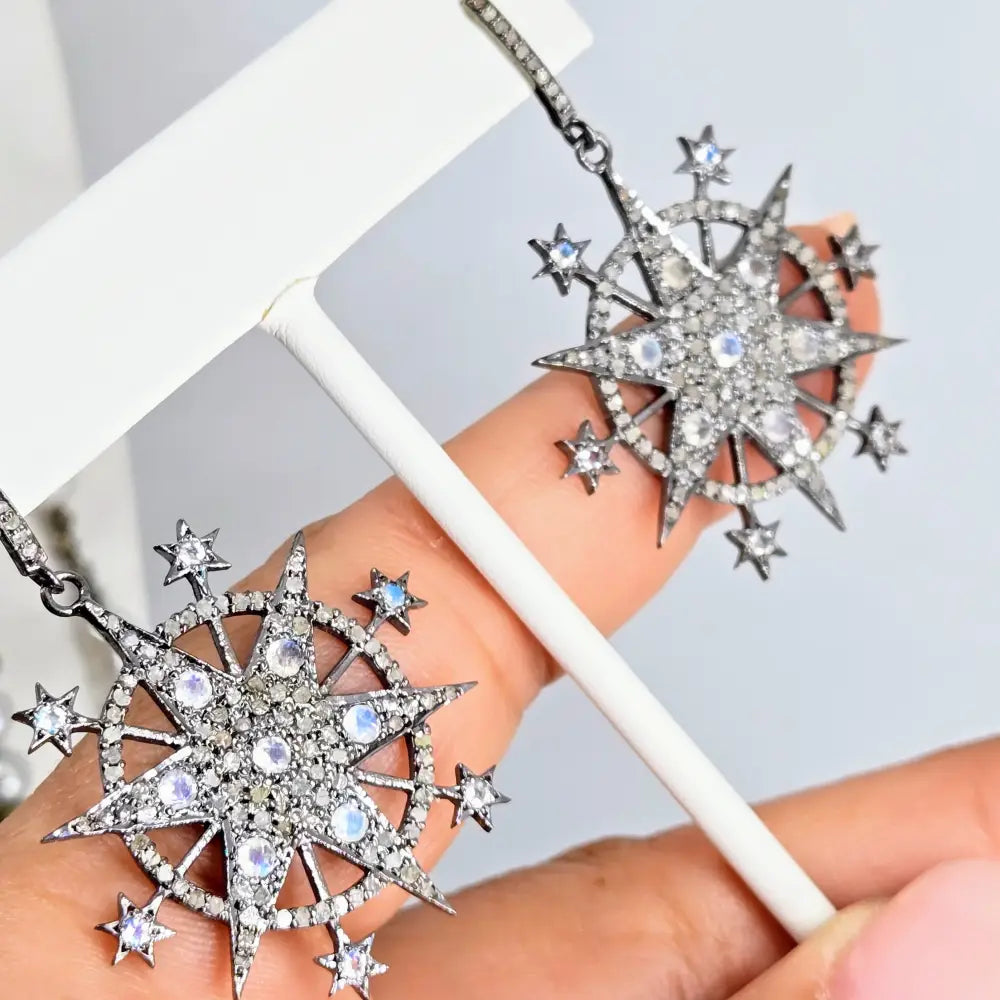 ?STarry Night’ 2’’ Earrings - Diamonds Moonstone Black Sterling