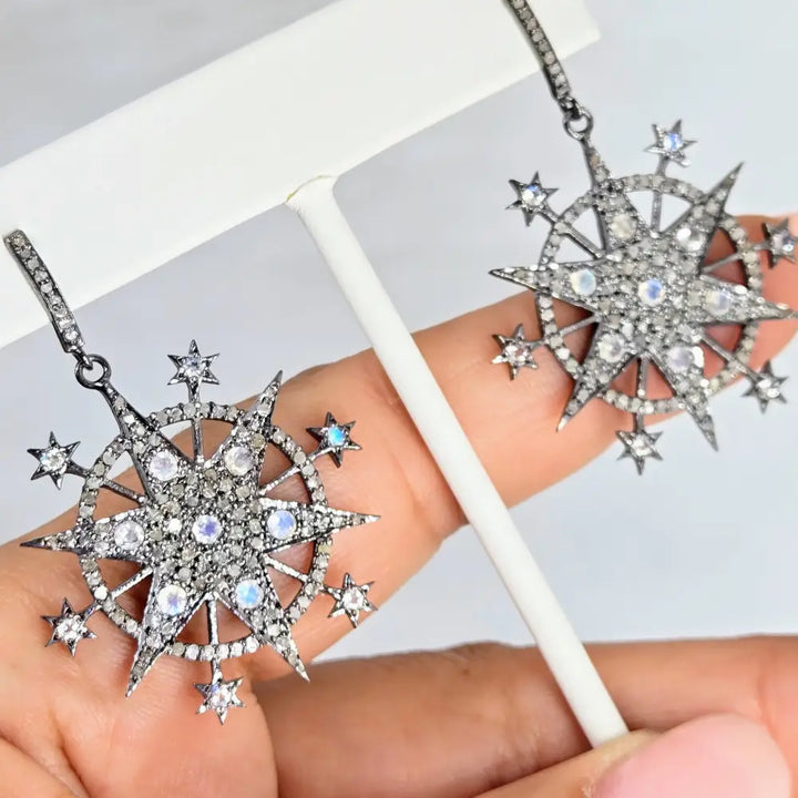 ?STarry Night’ 2’’ Earrings - Diamonds Moonstone Black Sterling