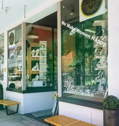 The storefront window displays an array of silver-toned necklaces and earrings arranged on white shelves, with a prominent circular logo above the glass.