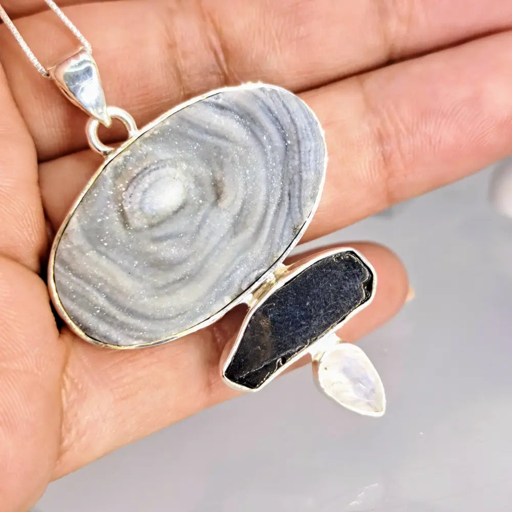 ?SUgar Sand Oasis’ 2’’ Pendant 20’’ Necklace - Desert Druzy Obsidian Moonstone Sterling