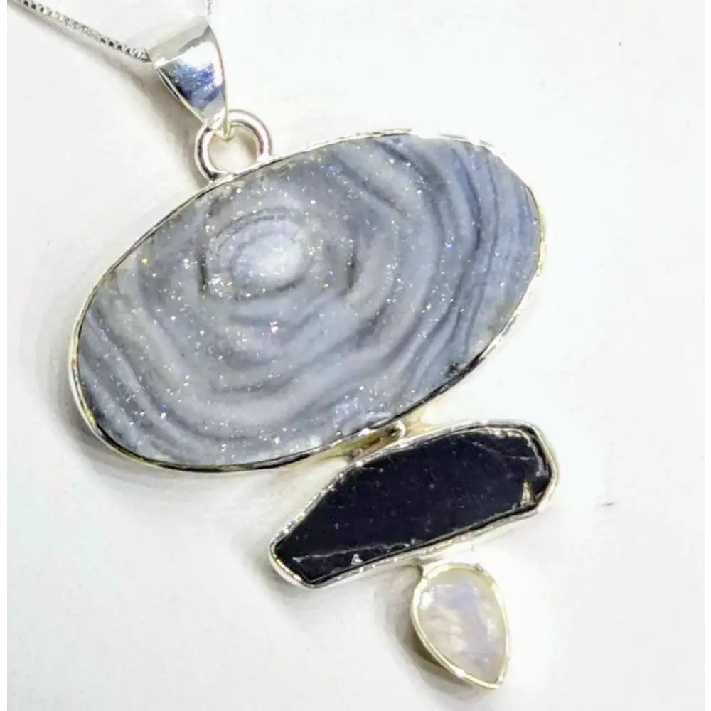 ?SUgar Sand Oasis’ 2’’ Pendant 20’’ Necklace - Desert Druzy Obsidian Moonstone Sterling