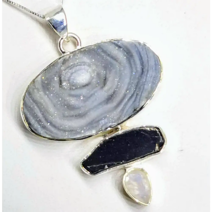 ?SUgar Sand Oasis’ 2’’ Pendant 20’’ Necklace - Desert Druzy Obsidian Moonstone Sterling