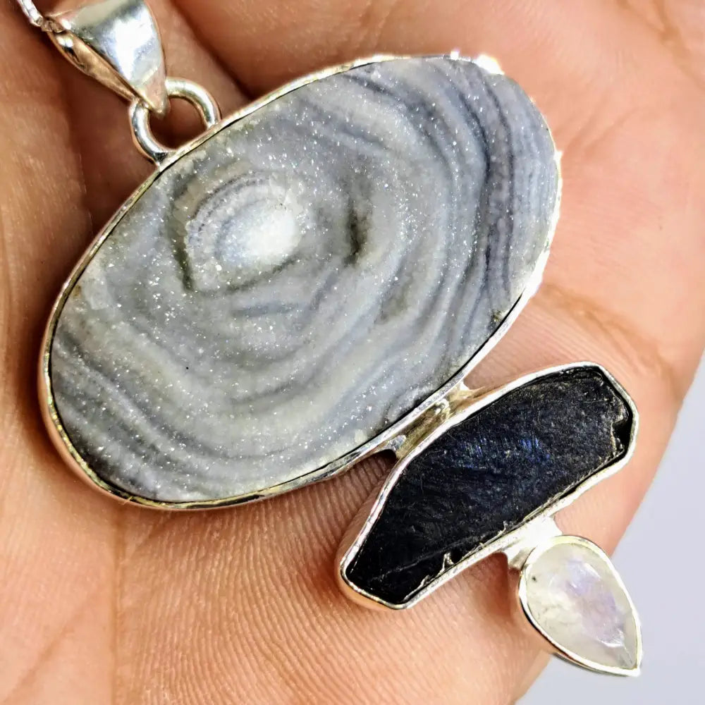 ?SUgar Sand Oasis’ 2’’ Pendant 20’’ Necklace - Desert Druzy Obsidian Moonstone Sterling