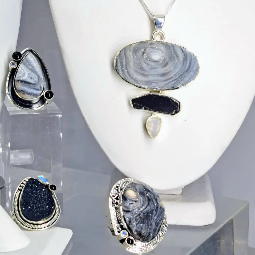 ?SUgar Sand Oasis’ 2’’ Pendant 20’’ Necklace - Desert Druzy Obsidian Moonstone Sterling