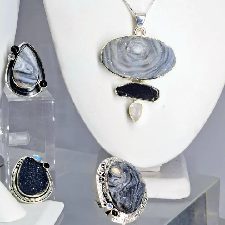 ?SUgar Sand Oasis’ 2’’ Pendant 20’’ Necklace - Desert Druzy Obsidian Moonstone Sterling