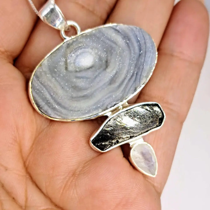 ?SUgar Sand Oasis’ 2’’ Pendant 20’’ Necklace - Desert Druzy Obsidian Moonstone Sterling