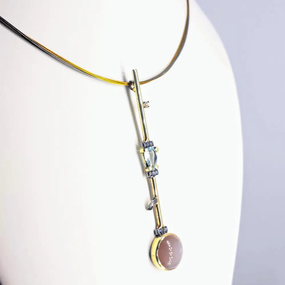 ?SUltry Swizzle Stick’ 18’’ Necklace - Topaz Zircon Grey Moonstone Gold Sterling - Pendant