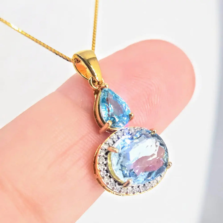 Summer Breeze 18’’ Necklace 1’’ Pendant Topaz Diamonds Blue Zircon Box Chain