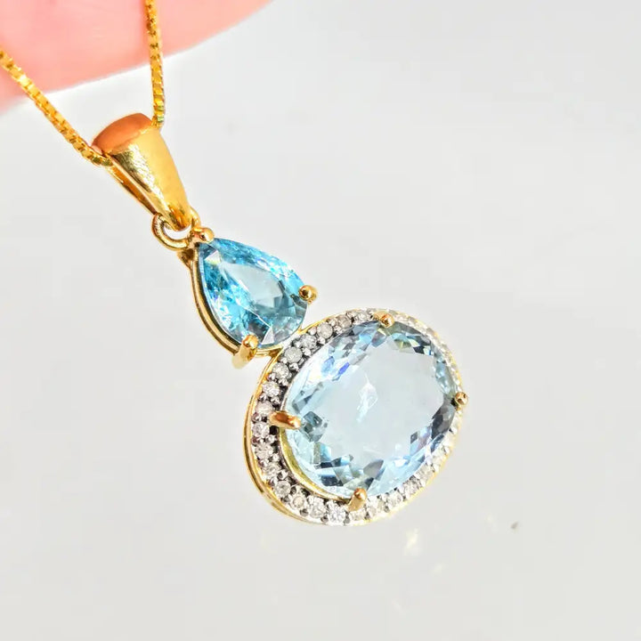 Summer Breeze 18’’ Necklace 1’’ Pendant Topaz Diamonds Blue Zircon Box Chain