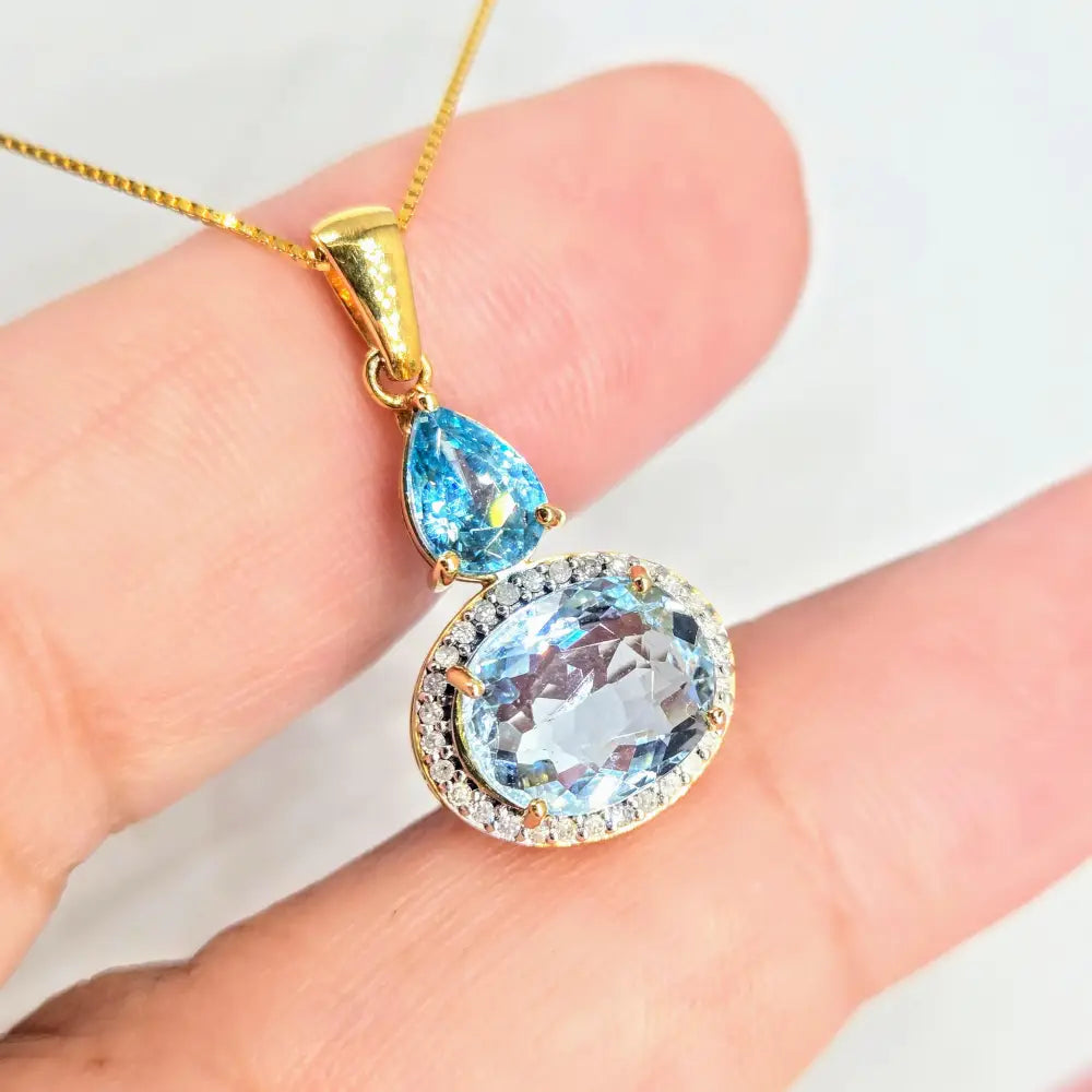 Summer Breeze 18’’ Necklace 1’’ Pendant Topaz Diamonds Blue Zircon Box Chain