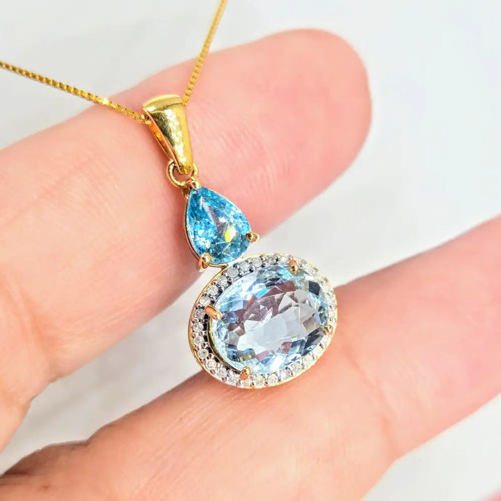 Summer Breeze 18’’ Necklace 1’’ Pendant Topaz Diamonds Blue Zircon Box Chain