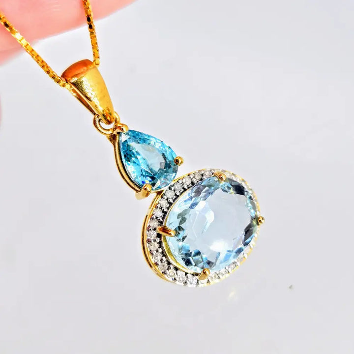 Summer Breeze 18’’ Necklace 1’’ Pendant Topaz Diamonds Blue Zircon Box Chain