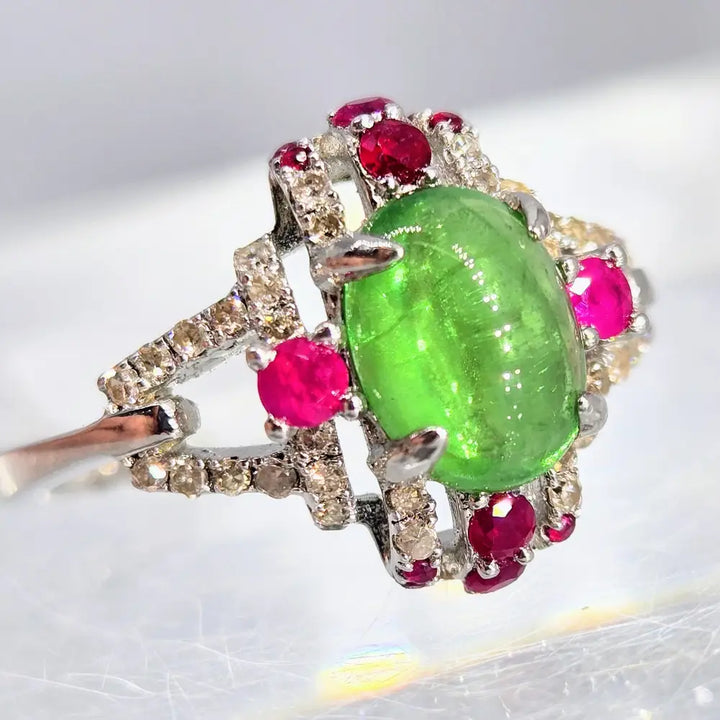 ?SUmmer Lover’ Sz 6.5 Ring - Tsavorite Garnet Rubies Diamonds Anti-tarnish Sterling