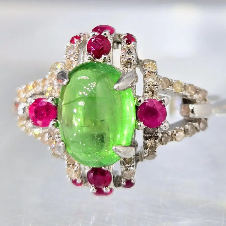 ?SUmmer Lover’ Sz 6.5 Ring - Tsavorite Garnet Rubies Diamonds Anti-tarnish Sterling