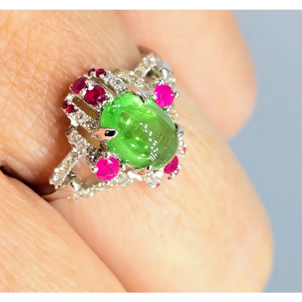 ?SUmmer Lover’ Sz 6.5 Ring - Tsavorite Garnet Rubies Diamonds Anti-tarnish Sterling