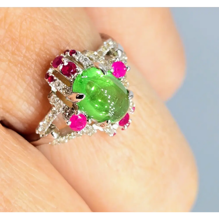 ?SUmmer Lover’ Sz 6.5 Ring - Tsavorite Garnet Rubies Diamonds Anti-tarnish Sterling