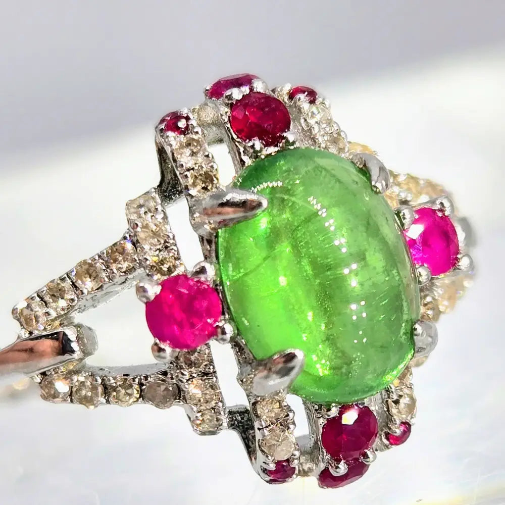 ?SUmmer Lover’ Sz 6.5 Ring - Tsavorite Garnet Rubies Diamonds Anti-tarnish Sterling
