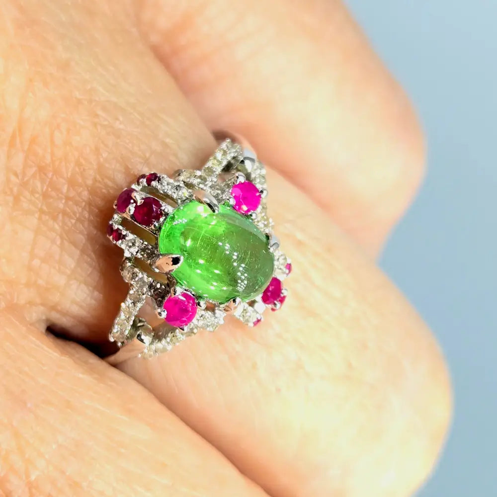 ?SUmmer Lover’ Sz 6.5 Ring - Tsavorite Garnet Rubies Diamonds Anti-tarnish Sterling
