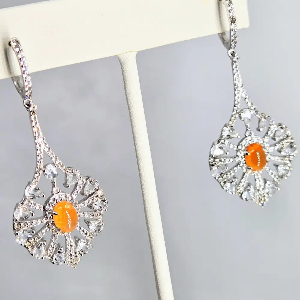 ?SUnburst’ 2.25’’ Earrings - Spessartiste Garnet White Sapphire Anti-tarnish Sterling