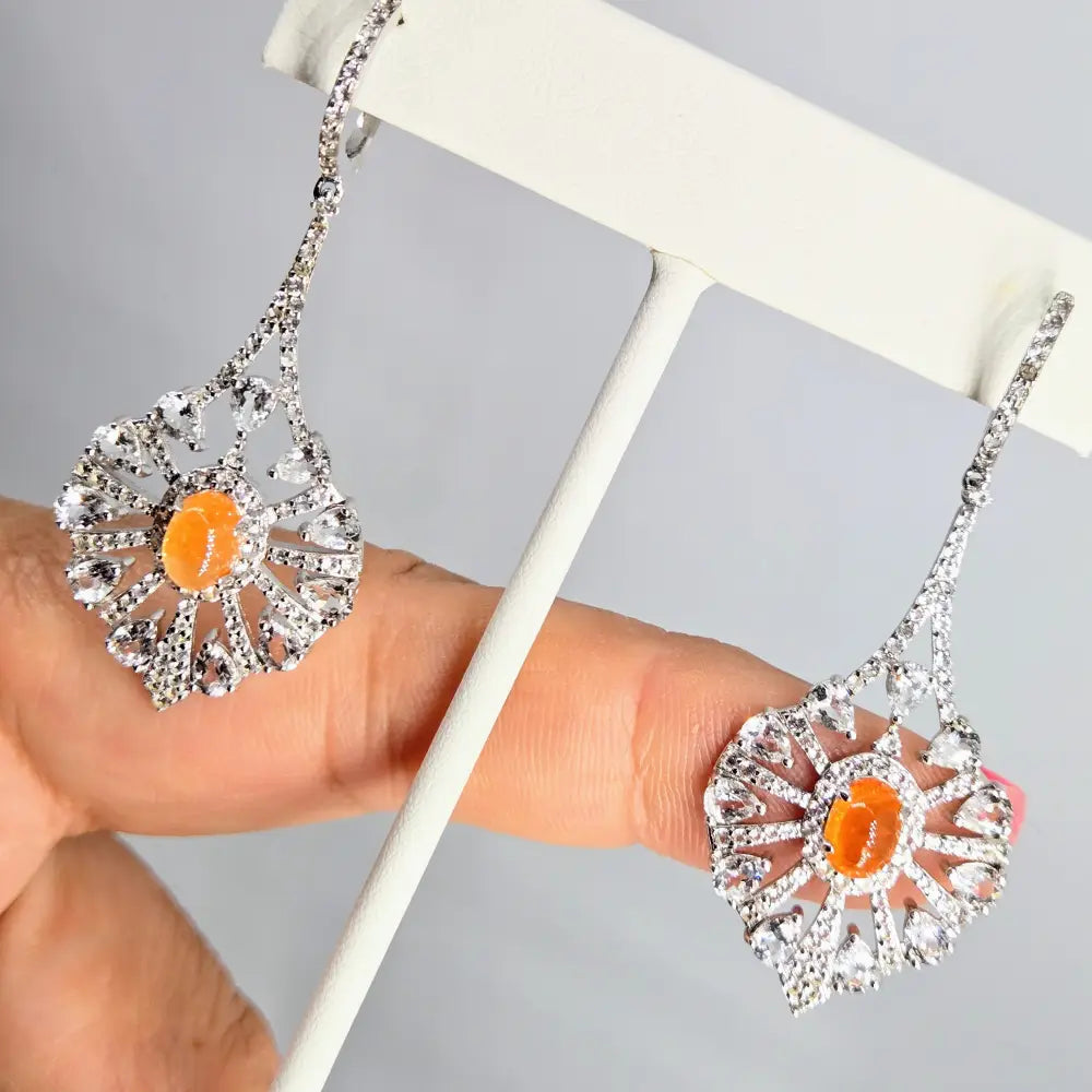 ?SUnburst’ 2.25’’ Earrings - Spessartiste Garnet White Sapphire Anti-tarnish Sterling