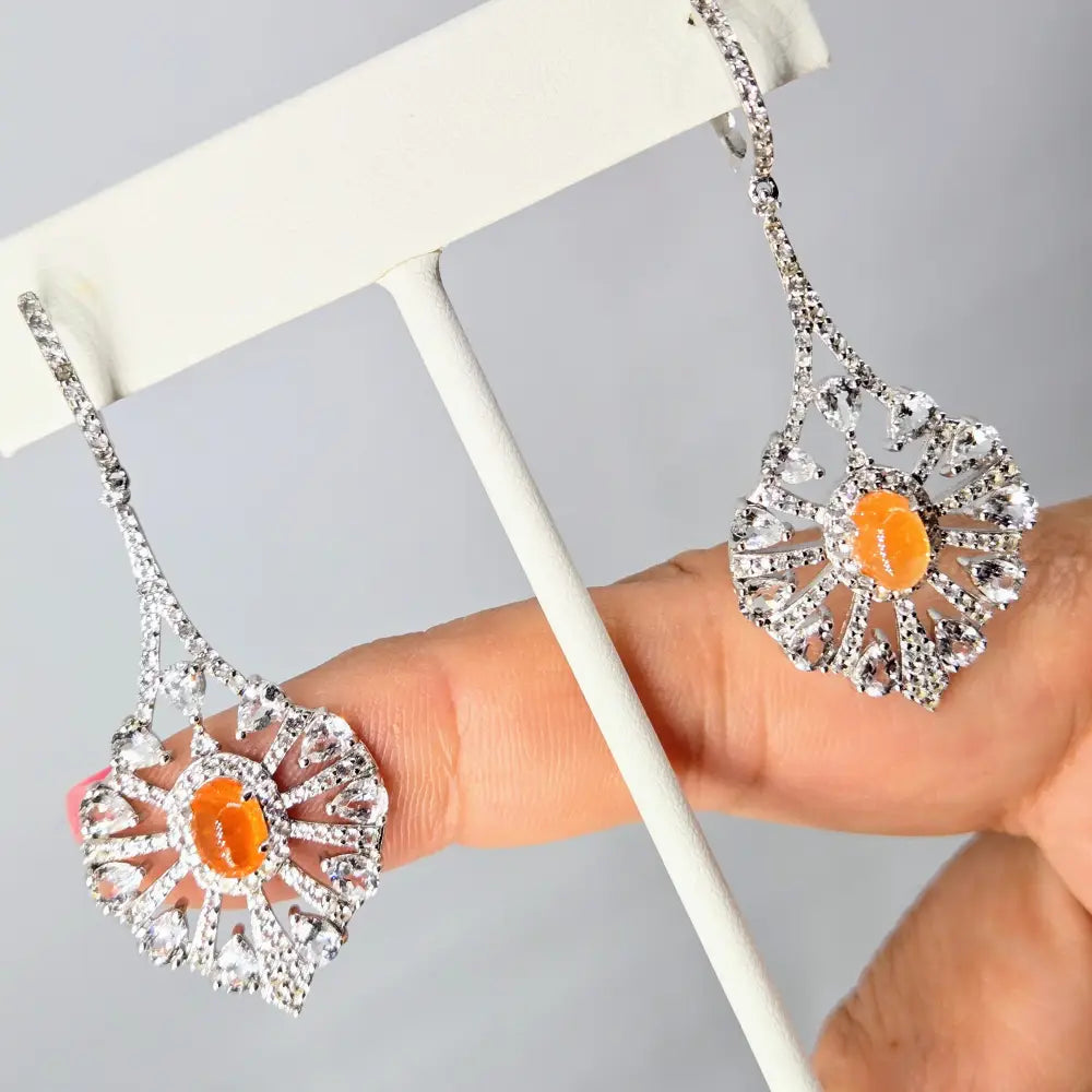?SUnburst’ 2.25’’ Earrings - Spessartiste Garnet White Sapphire Anti-tarnish Sterling
