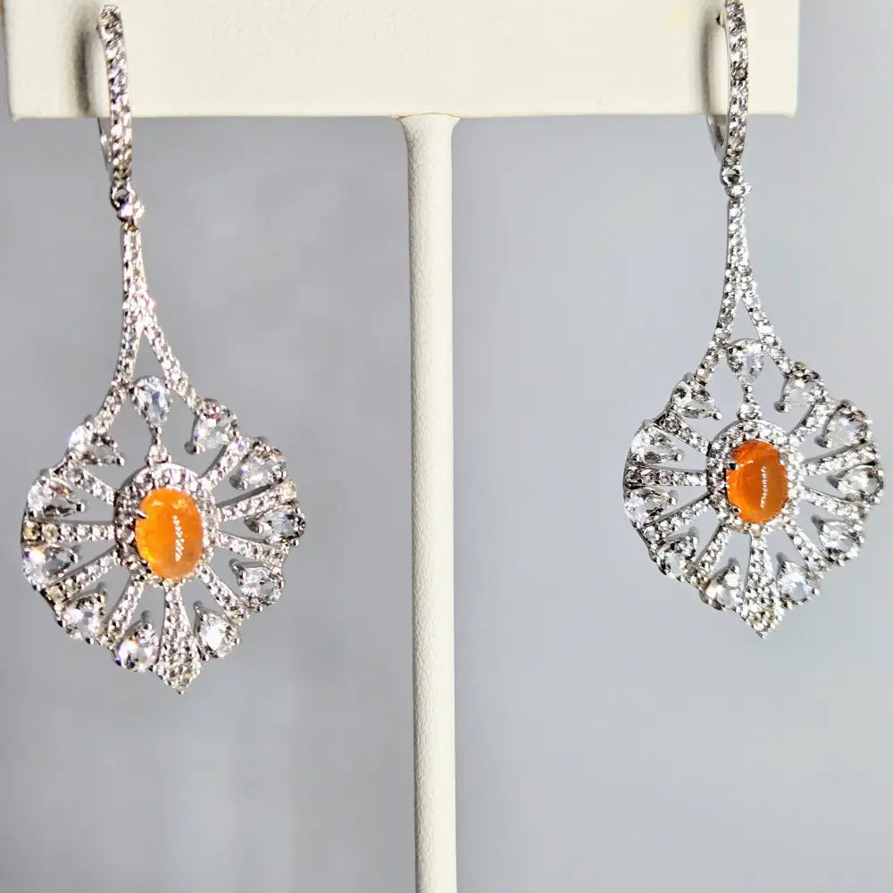 ?SUnburst’ 2.25’’ Earrings - Spessartiste Garnet White Sapphire Anti-tarnish Sterling