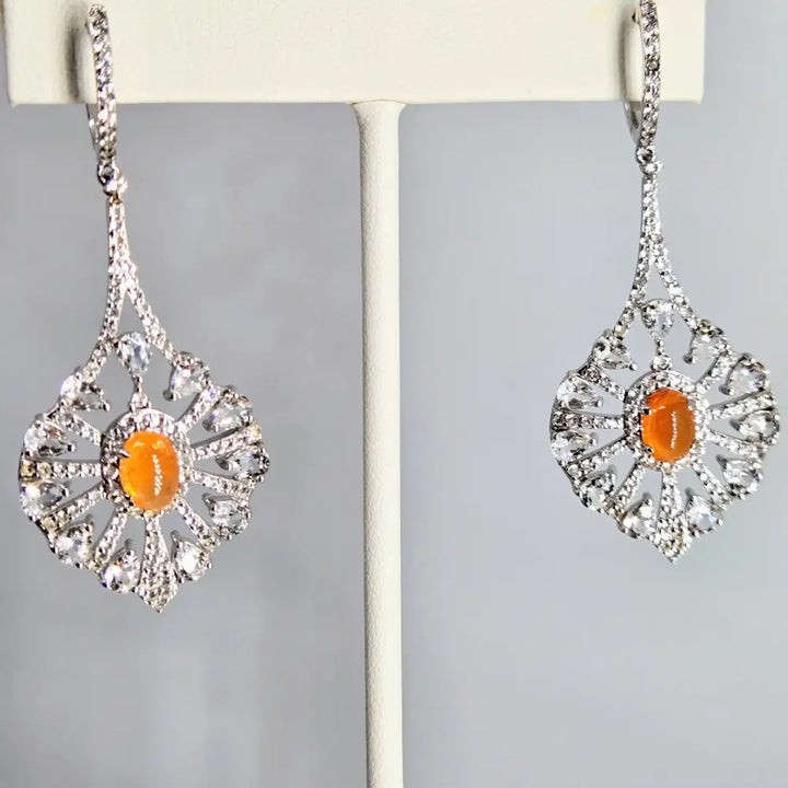 ?SUnburst’ 2.25’’ Earrings - Spessartiste Garnet White Sapphire Anti-tarnish Sterling