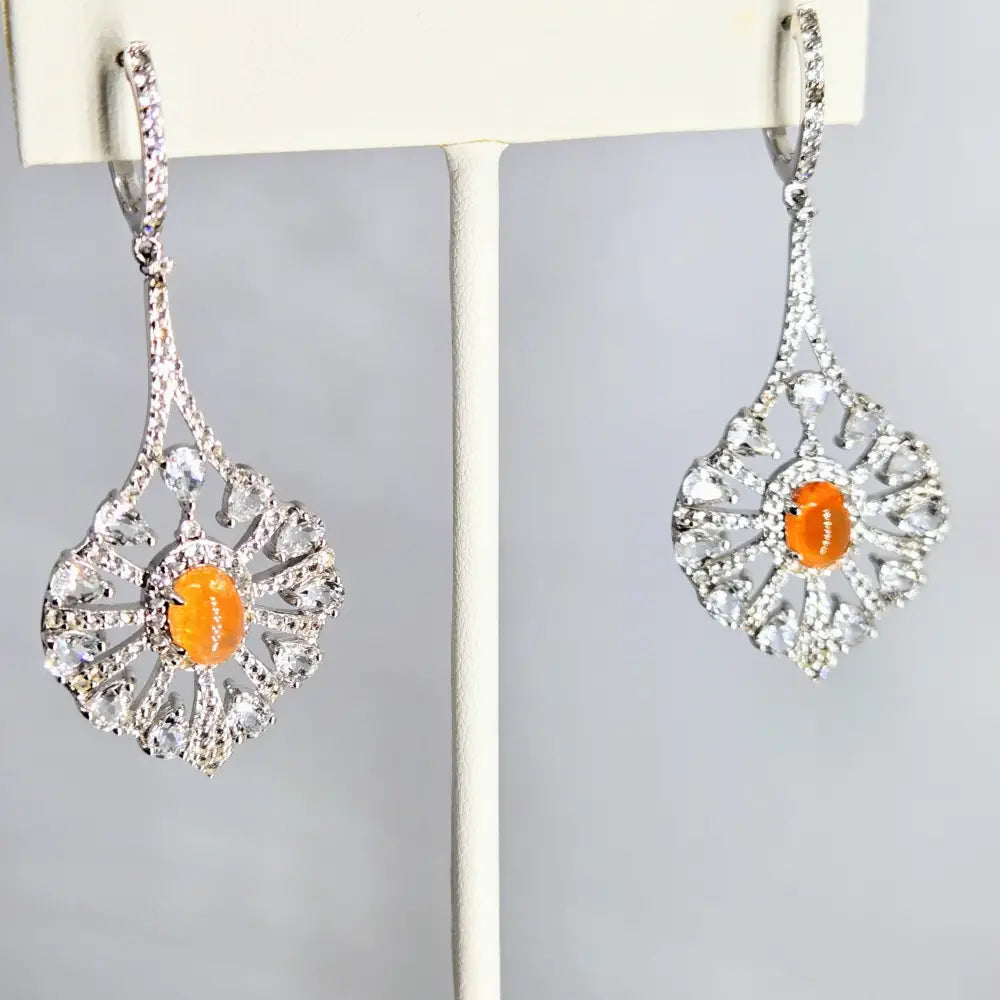 ?SUnburst’ 2.25’’ Earrings - Spessartiste Garnet White Sapphire Anti-tarnish Sterling