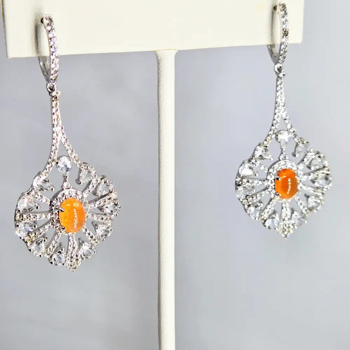 ?SUnburst’ 2.25’’ Earrings - Spessartiste Garnet White Sapphire Anti-tarnish Sterling