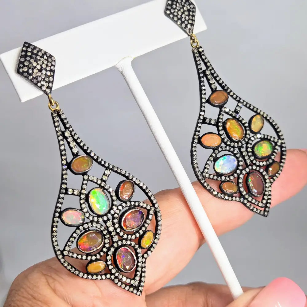 ?SUndown Sparkles’ 3’’ Earrings - Opal Diamond Black Sterling 18k Accents
