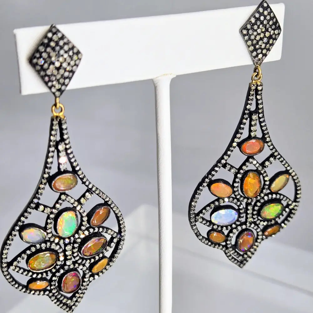 ?SUndown Sparkles’ 3’’ Earrings - Opal Diamond Black Sterling 18k Accents