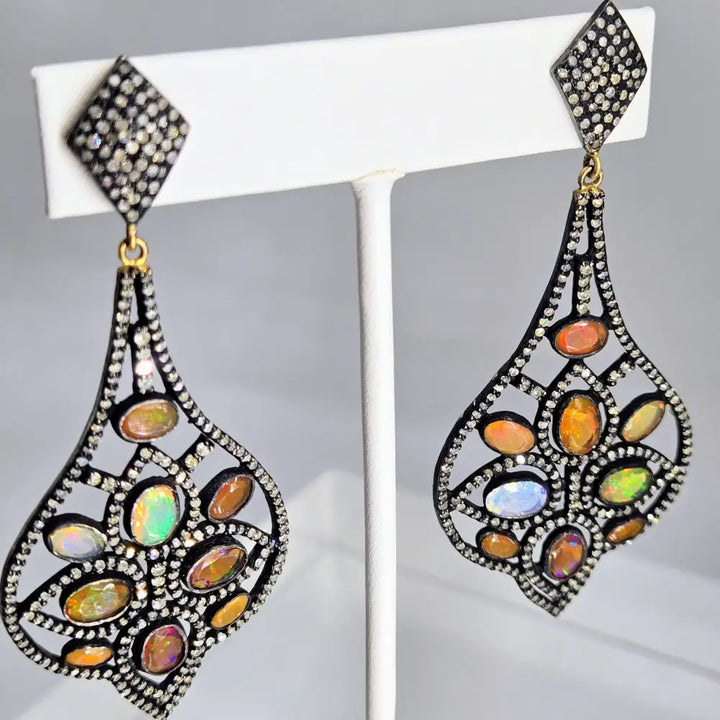 ?SUndown Sparkles’ 3’’ Earrings - Opal Diamond Black Sterling 18k Accents